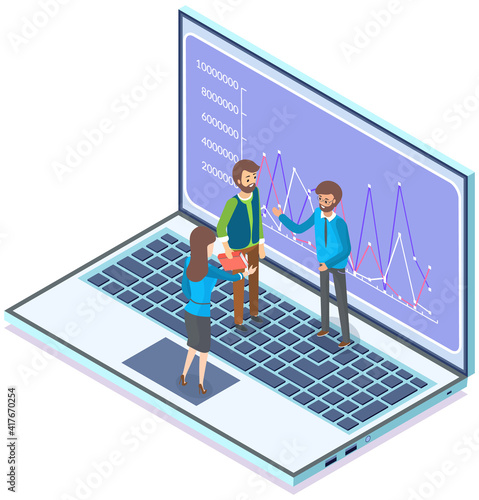 Business meeting working process. Office workers standing and sitting near big screen with laptop. Business people man and woman talking communicating, discuss presentation graph, teamwork of analysts
