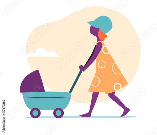 Piccola bambina che passeggia con carrozzina