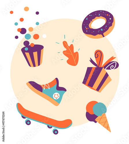 Set di elementi per la festa di compleanno per adolescenti: skateboard, scarpe, gelato, popcorn, regali, ciambella