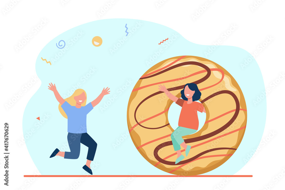 Tiny children having fun at huge donut. Happy active kids celebrating festive event. Flat vector illustration. Dessert, sweet food, party concept for banner, website design or landing web page