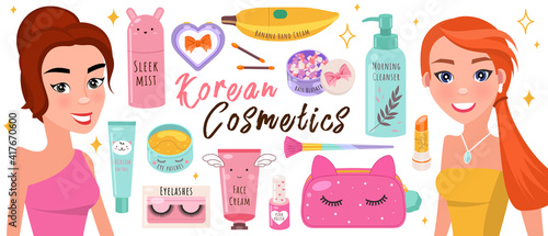 Korean cosmetics skin care banner with two beautiful girls and cosmetic accessories. Beauty poster with creams, lipstick, patches, eyelashes. Skincare and Makeup. Beauty products fashion collection