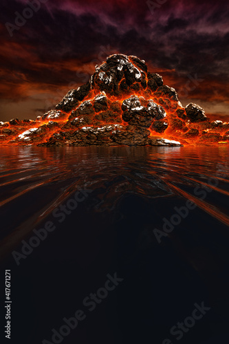 Photo 3d illustration, volcanic mountain on the shore of the lake, against the backgro
