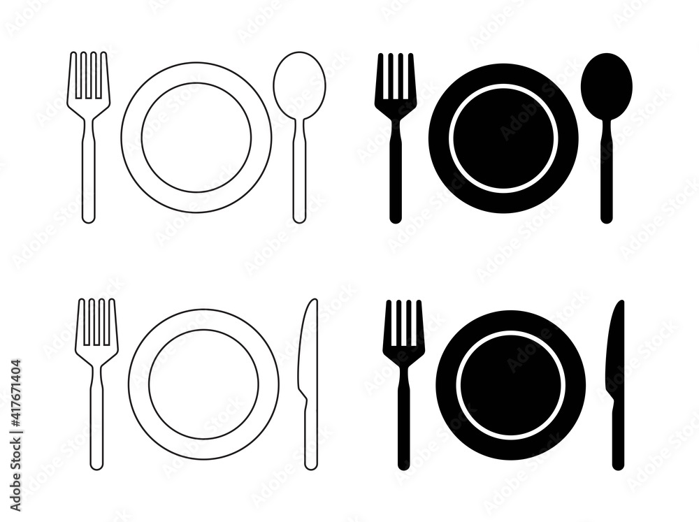 set of plate with fork, spoon and knife. cutlery and food icons. vector illustration. set of plate with fork, spoon and knife. cutlery and food icons. vector illustration.