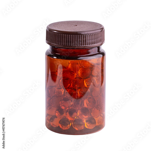 Foto Capsules krill oil or fish oil  in a bottle, vitamin D omega-3.