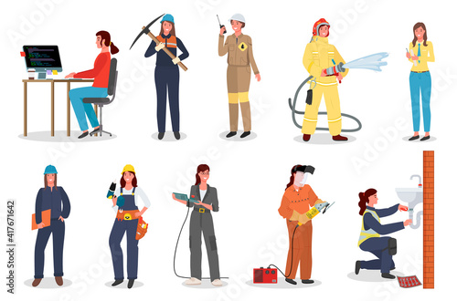 Woman worker set, coder or programmer, with pickaxe, industrial worker with walkie talkie, female fireman, office manager, lady foreman, with drill, holding grinder tool, repairing washing sink