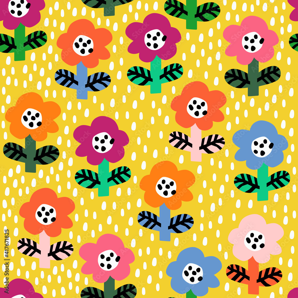 Fototapeta premium Cute seamless pattern with colorful and bright tiny flowers on the yellow polka dots background. Vector doodle flowers. Fun kids pattern for fabric and clothes.