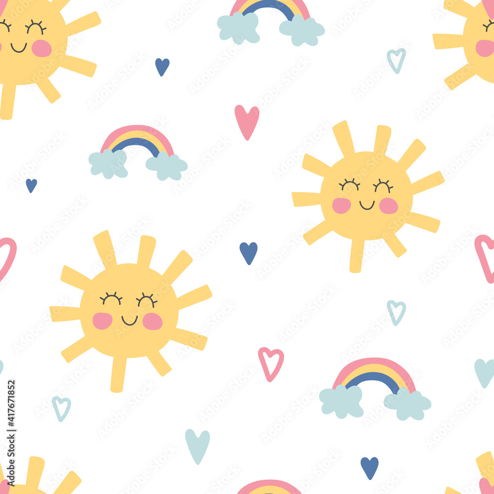 Funny sun and rainbow seamless pattern. Cute children texture. Kids nursery background in pastel colors. Baby shower decoration. Children room decor. Vector illustration Funny sun and rainbow seamless pattern. Cute children texture. Kids nursery background in pastel colors. Baby shower decoration. Children room decor. Vector illustration