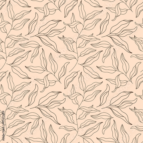 Outline Willow Tree Branch seamless pattern. Eucalyptus Leaves modern contour ornament. Line art Plant, Laurel Twig. Floral vector background, texture for textile print, scrapbooking, wrapping paper 