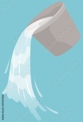 Bucket with clear fresh or salt water pouring out of it. Container with liquid inside. Iron pail without handle splashes. Water pours out and spills. Bucket on blue background vector illustration
