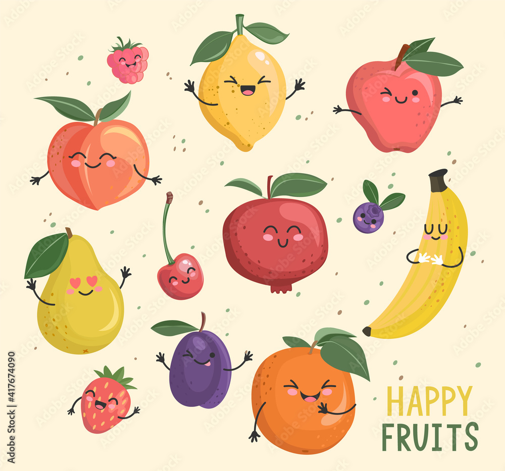 Big set of funny cheerful,friendly fruits and berries comic characters.Sweet kawaii smiling summer delicacy,tasty healthy food for kids designs and decorations, isolated. Vector illustration. Big set of funny cheerful,friendly fruits and berries comic characters.Sweet kawaii smiling summer delicacy,tasty healthy food for kids designs and decorations, isolated. Vector illustration.