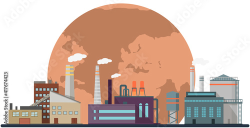 Manufactures and factories pollute air and atmosphere. Plants emit harmful substances, smoke and smog from pipes. Human activity destroys planet. Dried, hot and red world globe suffers from pollution