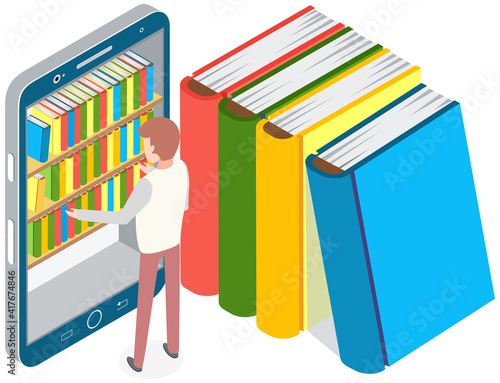 Person chooses book in digital online library on smartphone with app. Distance education with modern technology application in phone. Screen with virtual bookshelves and stacks of multicolored books