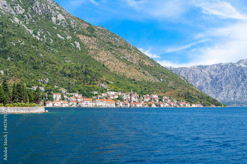 Perast old town, the Bay of Kotor, Montenegro. View of the town from the boat
