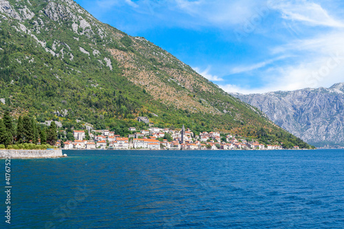 Perast old town, the Bay of Kotor, Montenegro. View of the town from the boat