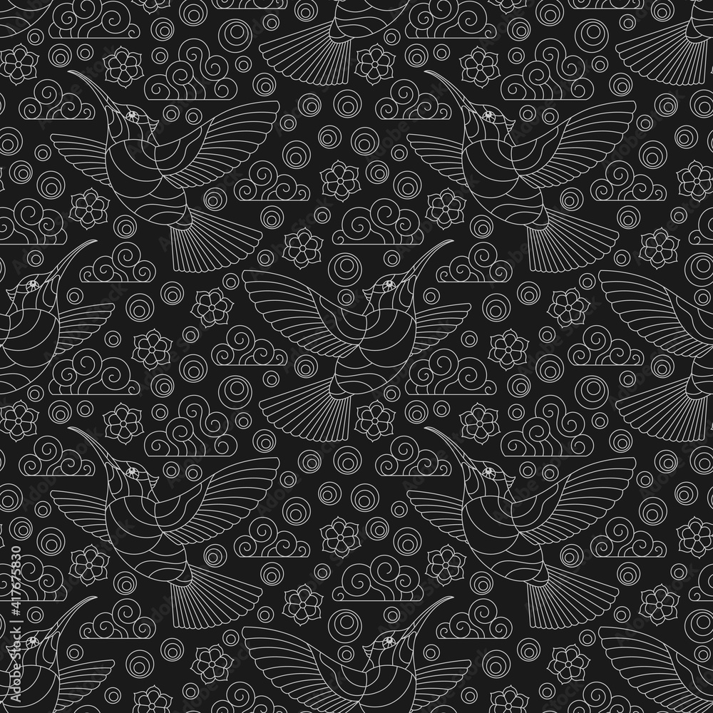 Seamless pattern with Hummingbird birds, clouds and flowers, light contour birds on a dark background Seamless pattern with Hummingbird birds, clouds and flowers, light contour birds on a dark background