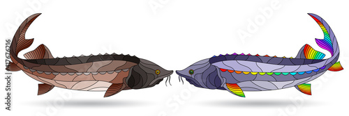 A stained glass illustration with abstract beluga  fishes isolated on a white background