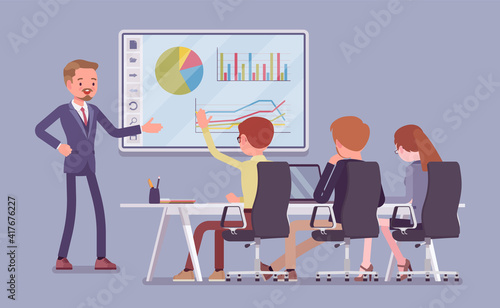 Interactive whiteboard, smart board presentation for business people. Businessman standing at touchscreen, data slides showing, planning, working with audience. Vector flat style cartoon illustration