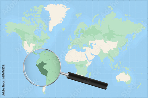 Map of the world with a magnifying glass on a map of Peru.