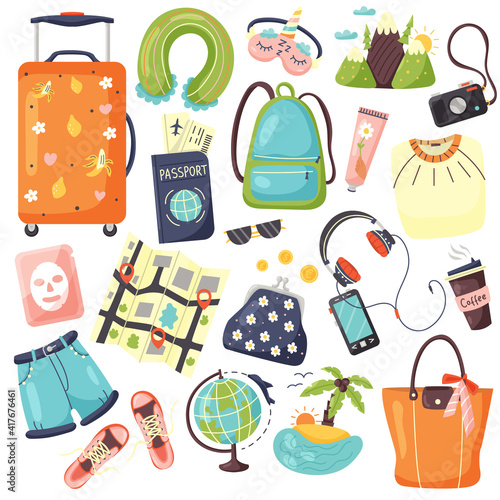Set of travel items for recreation. Collection of vector elements for travel luggage. Objects for travel around the world
