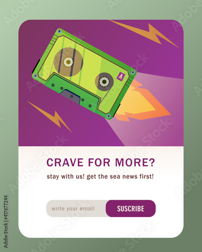 Newsletter design with rocket stereo cassettes. Starting up audio tape vector illustration with subscribe button. Music, media, entertainment, show concept for subscription letter design