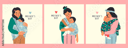 Beautiful Lady is carrying her kid. Newborn Baby child in Sling feeling love and protection from his mother. Family, lifestyle concept. Happy Mother's Day. Set of three Hand drawn Vector illustrations