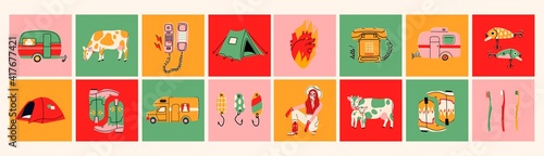 Various Icons. Logo templates. Tourism, journey, adventure, Recreation, rural life, Vacation concept. Colorful Vector set. Hand drawn illustrations. All elements are isolated