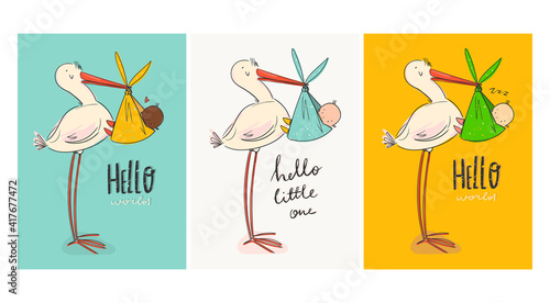 Cartoon stork carrying a cute newborn baby. Design template for greeting card or baby shower invitation. Set of three Hand drawn Vector trendy illustrations. Pre made cards