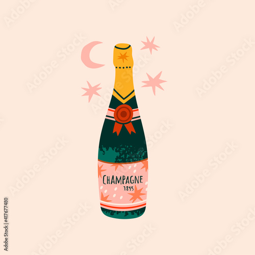 Bottle of Champagne. Sparkling wine. Hand drawn colorful Vector illustration. Celebration concept. Gretting card or Poster template. Bottle is isolated