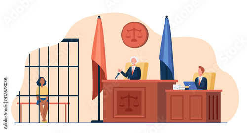 Judge reading verdict to accused in before court. Trial process, defendant in cage, assistant. Flat vector illustration. Courtroom, justice, law concept for banner, website design or landing web page