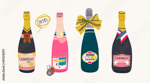 Various Bottles. Different shapes and colors of bottles. Prosecco, Rose, Brut Sparkling wines. Hand drawn colorful Vector illustration. Celebration concept. All elements are isolated