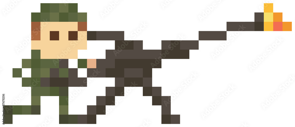 Soldier in military uniform for pixel game design. Man armed with machine gun prepares for attack vector illustration. Soldier in protective camouflage clothing holds weapon and fires flamethrower