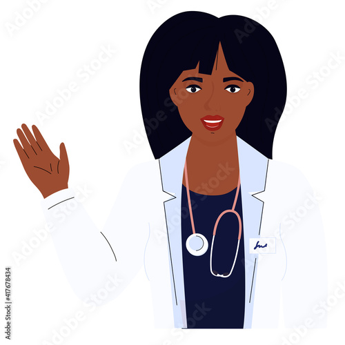 Female doctor. African American woman in a white gown. Hospital staff