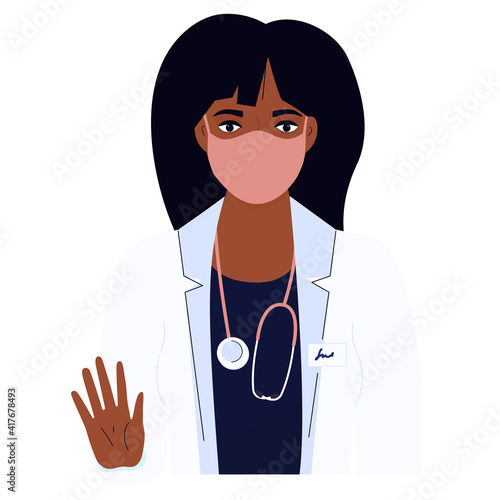 Female doctor. African American woman in a white gown. Hospital staff
