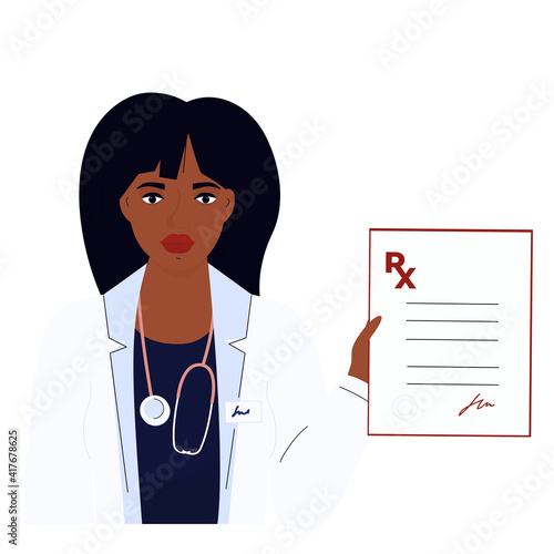 Female doctor. African American woman in a white gown. Hospital staff