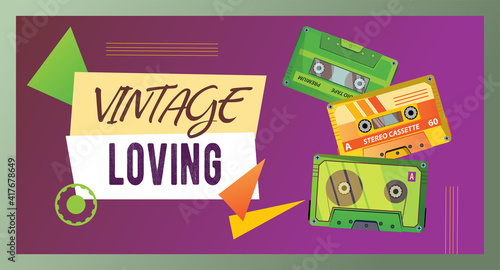 Cover design with stereo cassettes. Vintage audio tapes vector illustrations with text on dark purple. Music, media, entertainment, show concept for poster, website or webpage background