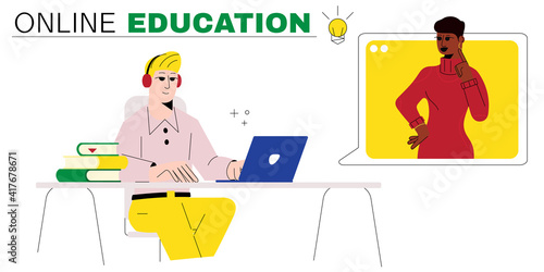 Man studying on laptop and chatting with teacher via online video chat. Online Education, distance learning concept. Character sitting behind desk taking online classes. Cartoon Vector illustration.