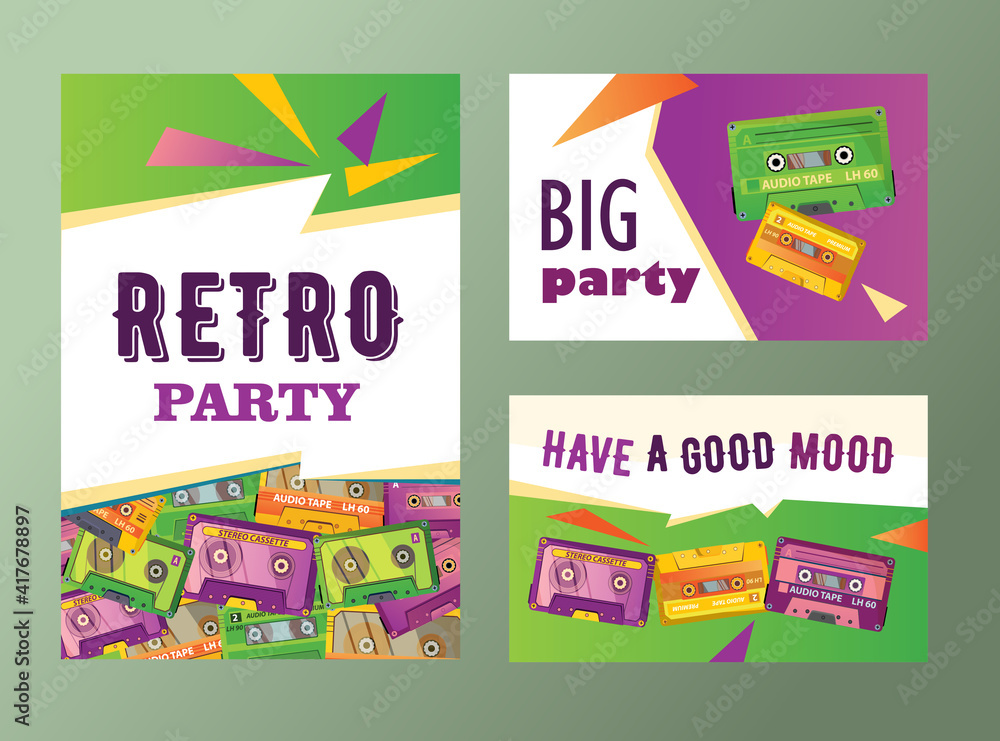 Retro party invitation cards set with stereo cassettes. Audio tapes vector illustrations with text samples. Music, media, entertainment, show concept for flyers and announcement posters design