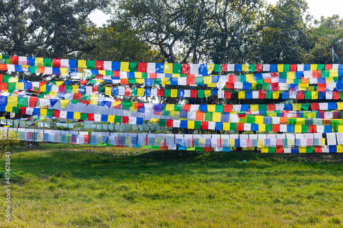 Colorful Prayer Flags. Tibetan Prayer flags with Buddhist scripts.