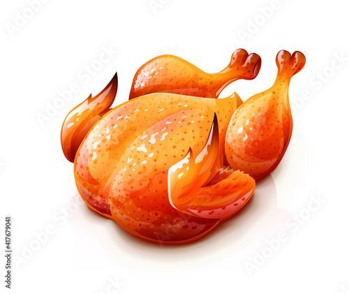 Roasted chicken. Chick meat prepared at grill. Satisfying food, Isolated on white background. Eps10 vector illustration.