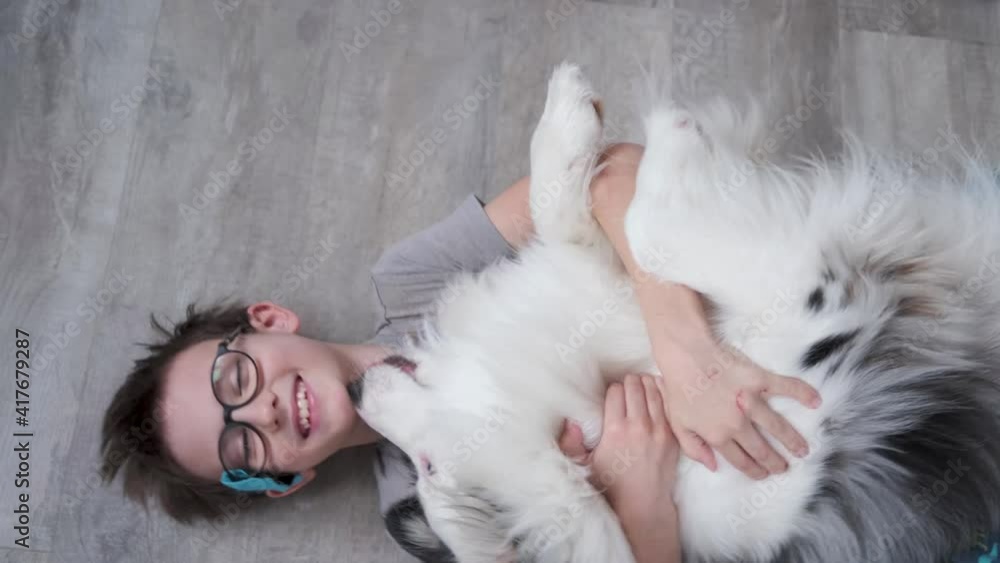 4k. Happy little boy lying and hugging australian shepherd merle dog 4k. Happy little boy lying and hugging australian shepherd merle dog