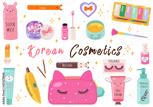 Vector beauty set. Makeup cosmetics tools and Korean cosmetics. Beauty products collection.Toner, cream, lotion, eye patches, cosmetic bag, lipstick, nail polish, powder, mascara eyelashes brush