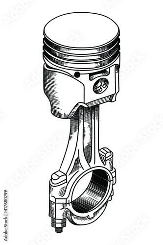 Piston assembly with connecting rod. Detail of a car internal combustion engine.