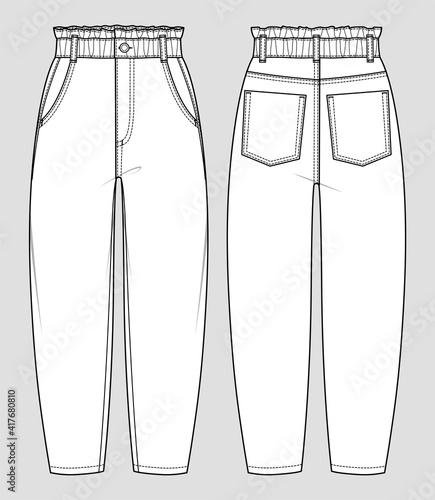 Baggy fit jeans. High-waist paperbag trousers. Women's casual wear. Vector technical sketch. Mockup template.