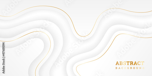 White background with golden lines. Layered luxury backdrop with wavy shapes. Vector illustration paper style. White wall 3D. Horizontal banner with flow lines. Modern design flyer, wallpaper, poster.