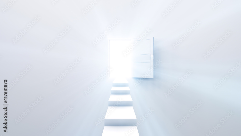 Obraz premium Door Opening to the brilliant Future, way to Heaven and Success. 3D illustration.