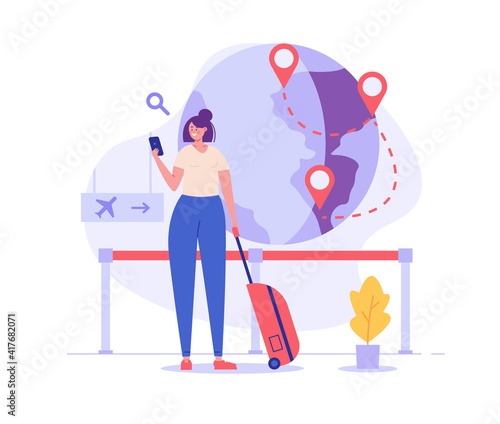 Immigration illustration. Man moving to foreign country. Tourist with luggage in airport. Concept of international migration, emigration, travel around world. Vector illustration for web design