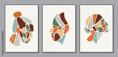 Set of minimalist contemporary portrait of woman beauty surreal face