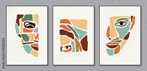 Set of minimalist contemporary portrait of woman beauty surreal face