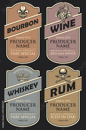 Set of four vector labels for various alcoholic beverages in the figured frames on a black background. Labels for bourbon, wine, whiskey and rum in retro style