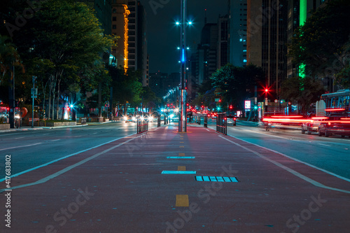 Sao Paulo, Brazil - February 6, 2021 -Movement of car lights at night on Avenida Paulista.